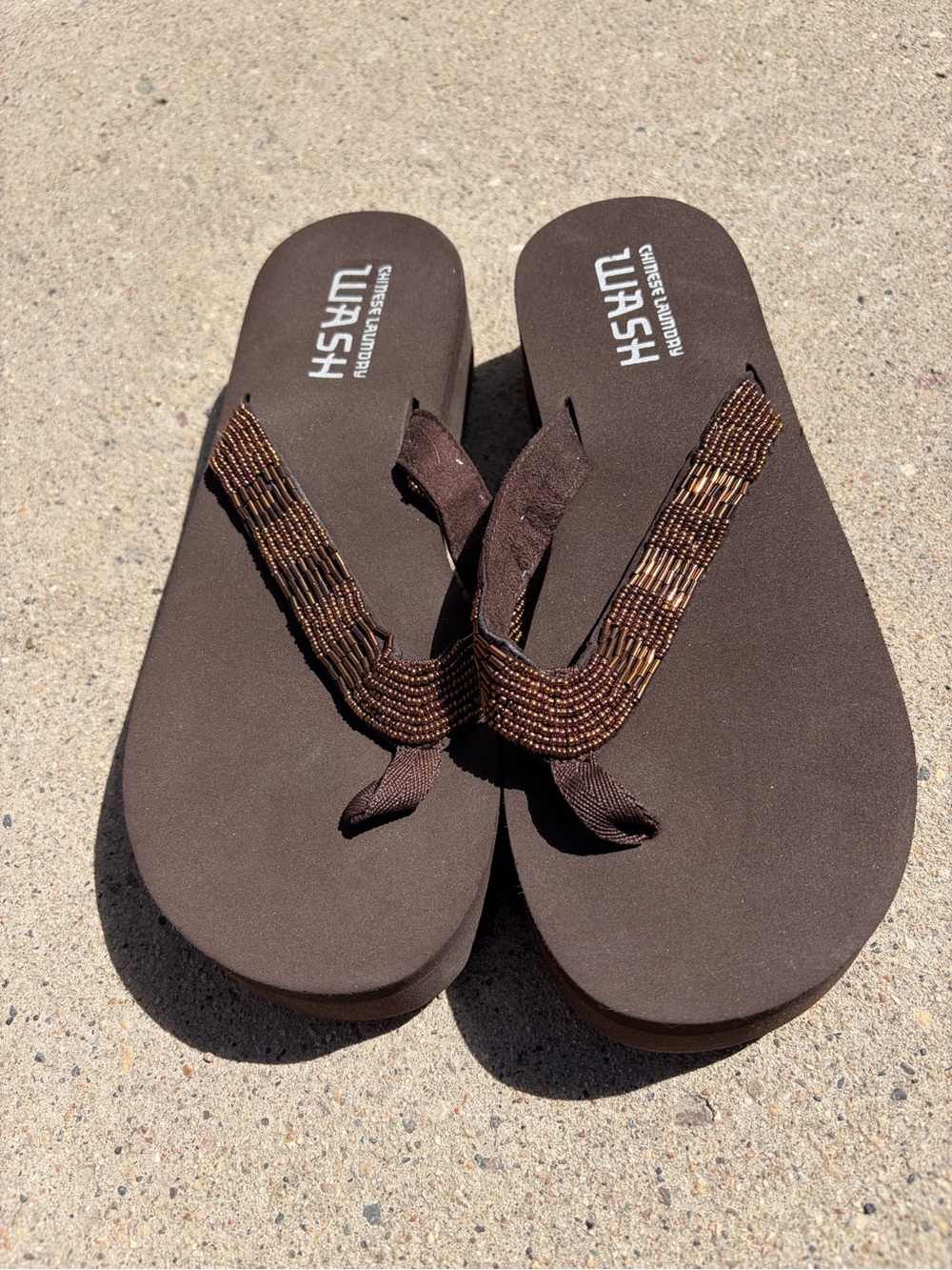 Chinese Laundry Brown Beaded Platform Flip Flop Sandals